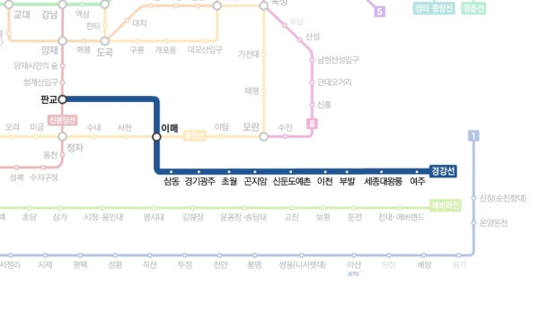 새로 개통된 경강선 노선도